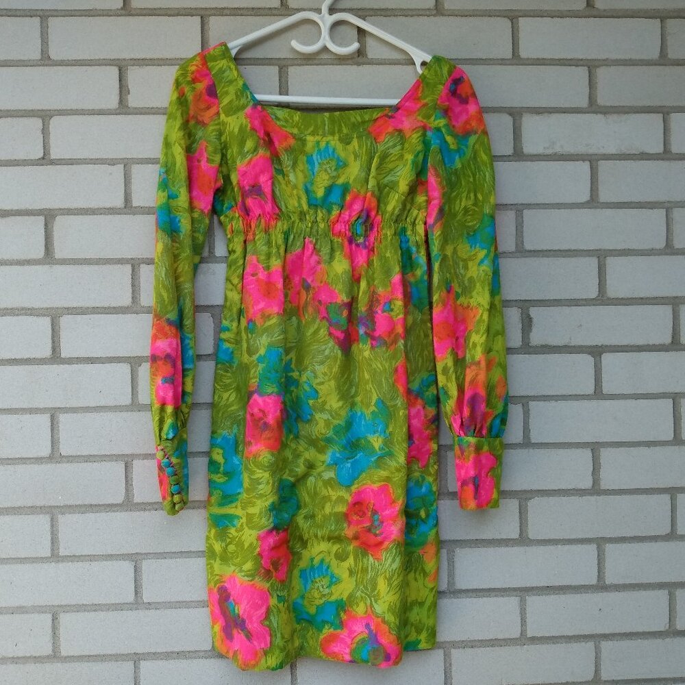 Vintage 60s Mini Dress "Irving Nadler" Hawaiian Psychedelic Floral 32" Bust